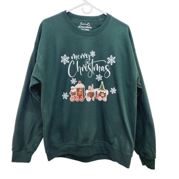 Green Soni Lu Christmas Sweatshirt Unisex With Festive Train Design Size L New - Picture 8 of 12